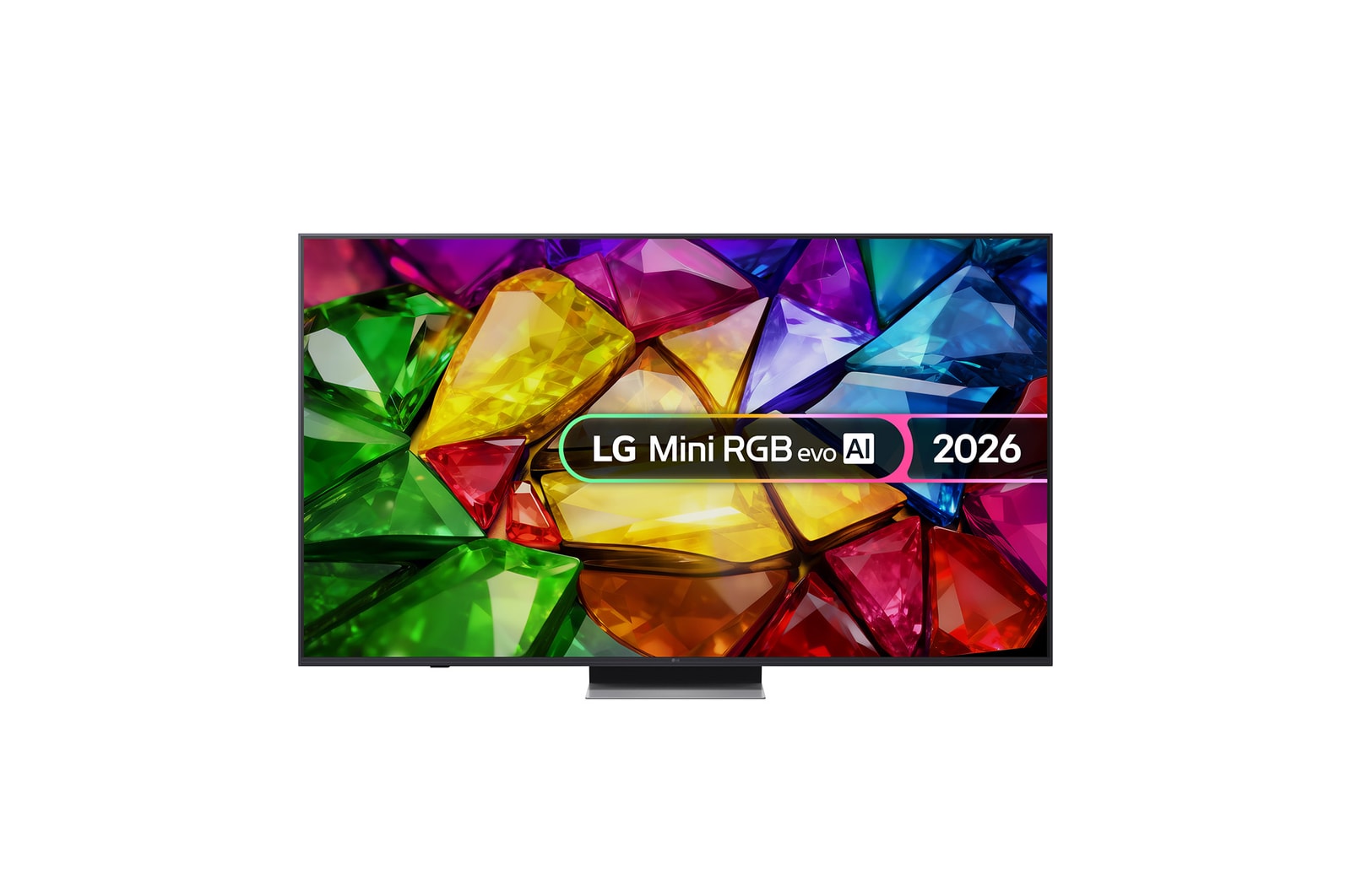 The front view of LG Mini RGB evo AI MRGB85, released in 2026, features a slim black bezel with short feet, while a vivid, crystalline image of sharply defined multicolored facets fills the screen.